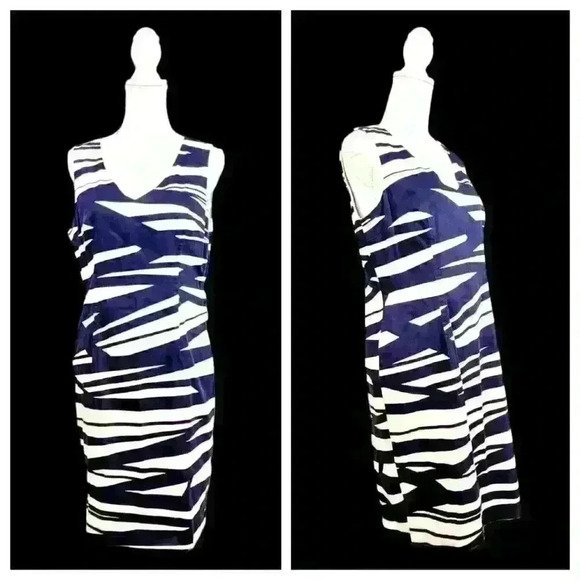 NINE WEST Womans NAVY BLUE & WHITE Abstract Dress LINED Side Zip STRETCH size 12 - Picture 1 of 8